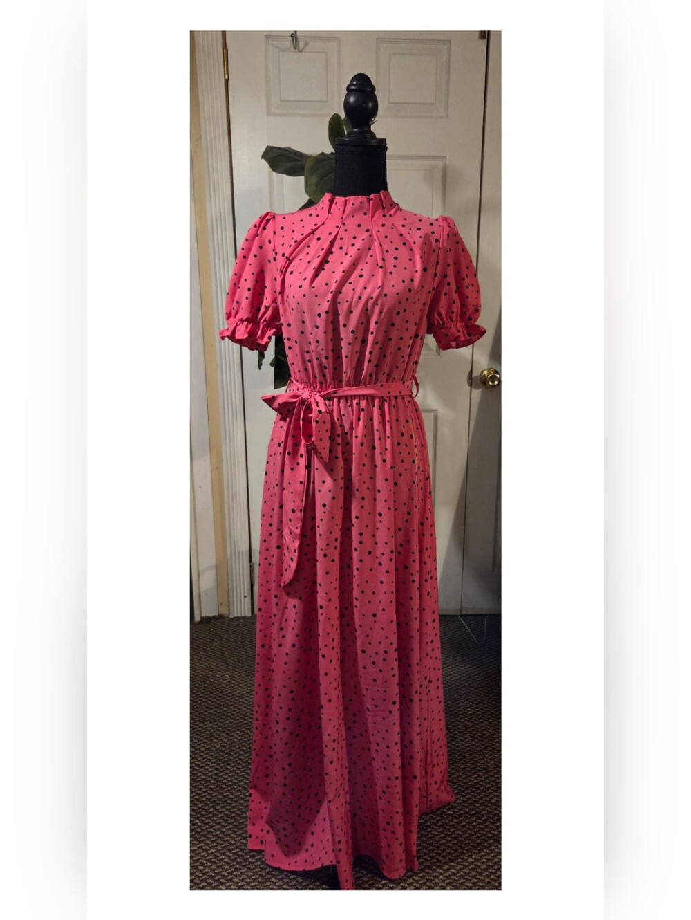 Grefit | Womens SHEIN Hot PINK Polka Dot Puff Sleeve Belted Dress Size MEDIUM